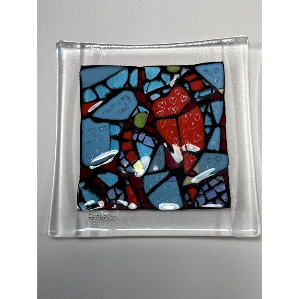 Signed Studio Fused Art Glass Mosaic Stained Glass Style Plate